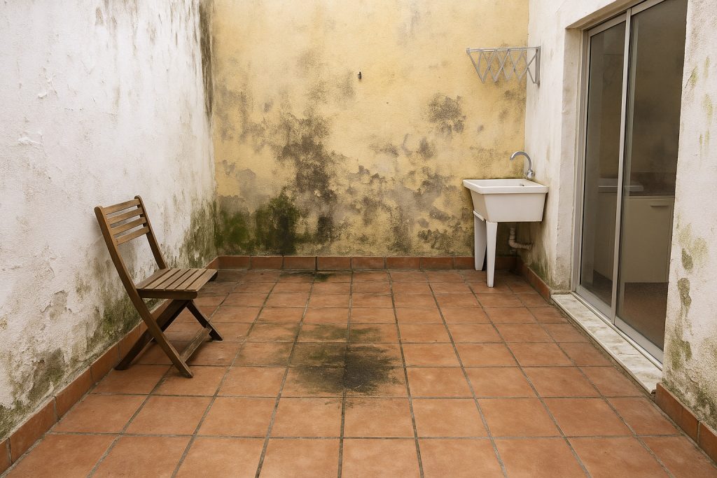 Reforma de patio interior con renovación del suelo, paredes y canalización 3 Imagen de un patio interior con manchas de humedad en las paredes y suelo de baldosa deteriorado