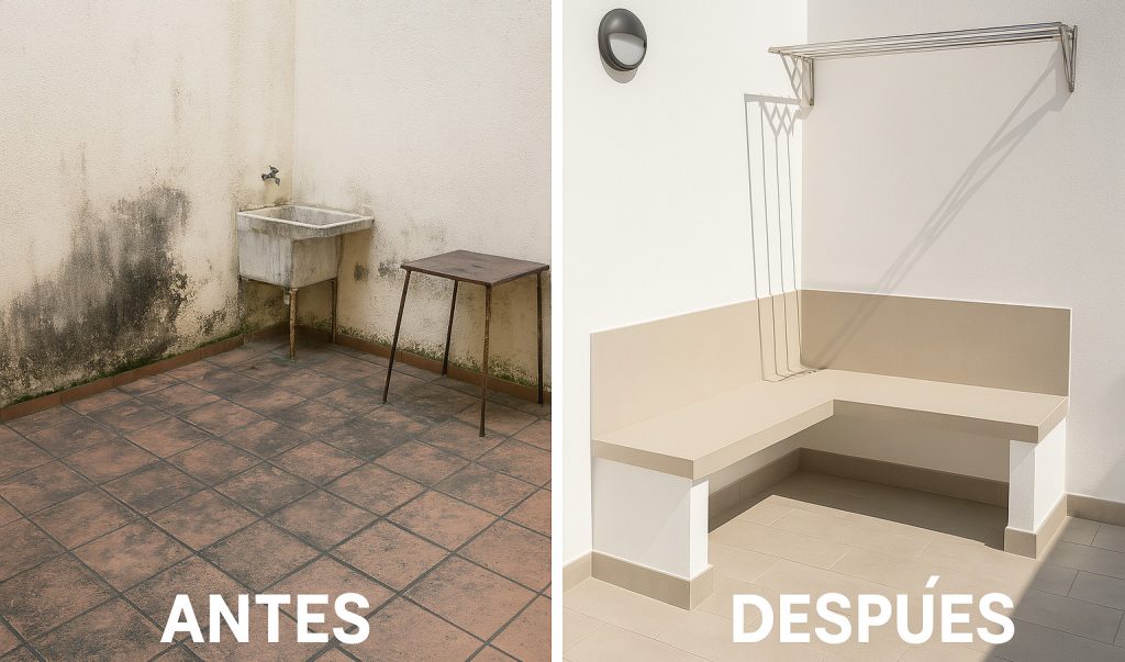 Reforma de patio interior con renovación del suelo, paredes y canalización 2 Imagen comparativa del patio antes con humedad y después reformado con banco de obra y paredes renovadas
