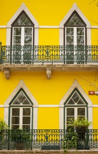 Una foto de una calle en una ciudad con casas amarillas. Las casas son de diferentes tamaños y tienen diferentes estilos arquitectónicos. La calle está llena de árboles y plantas. El cielo está despejado y el sol está brillando. Una foto de una calle en una ciudad con casas amarillas.