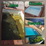 Imagen que muestra la renovación de una piscina en tres etapas: antes, durante y después. En la imagen antes se puede ver la piscina muy sucia y la pintura en mal estado. En la imagen durante se ve la piscina limpia y con una primera mano de pintura azul. En la imagen después se muestra la piscina completamente renovada, con agua transparente y una pintura azul nueva Antes, durante y después de la renovación de una piscina