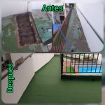 Imagen de antes y después de una reforma de una rampa, con la rampa maltratada y sin pintar en la imagen de antes, y una rampa bien reformada y pintada en la imagen después Antes y después de la reforma de una rampa