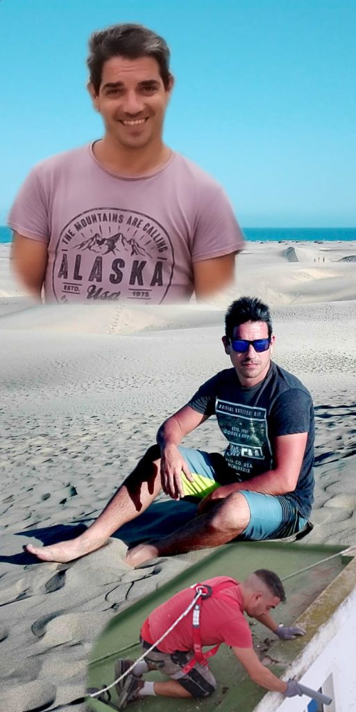 Nosotros 2 Tres fotos de Enrico Pirrello, sonriendo en la primera, sentado en la playa en la segunda y trabajando en una azotea en la tercera