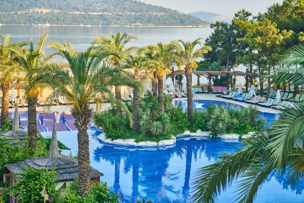 Diseño de espacios exteriores alrededor de la piscina 2 Piscina de ensueño con isla central y vistas al lago